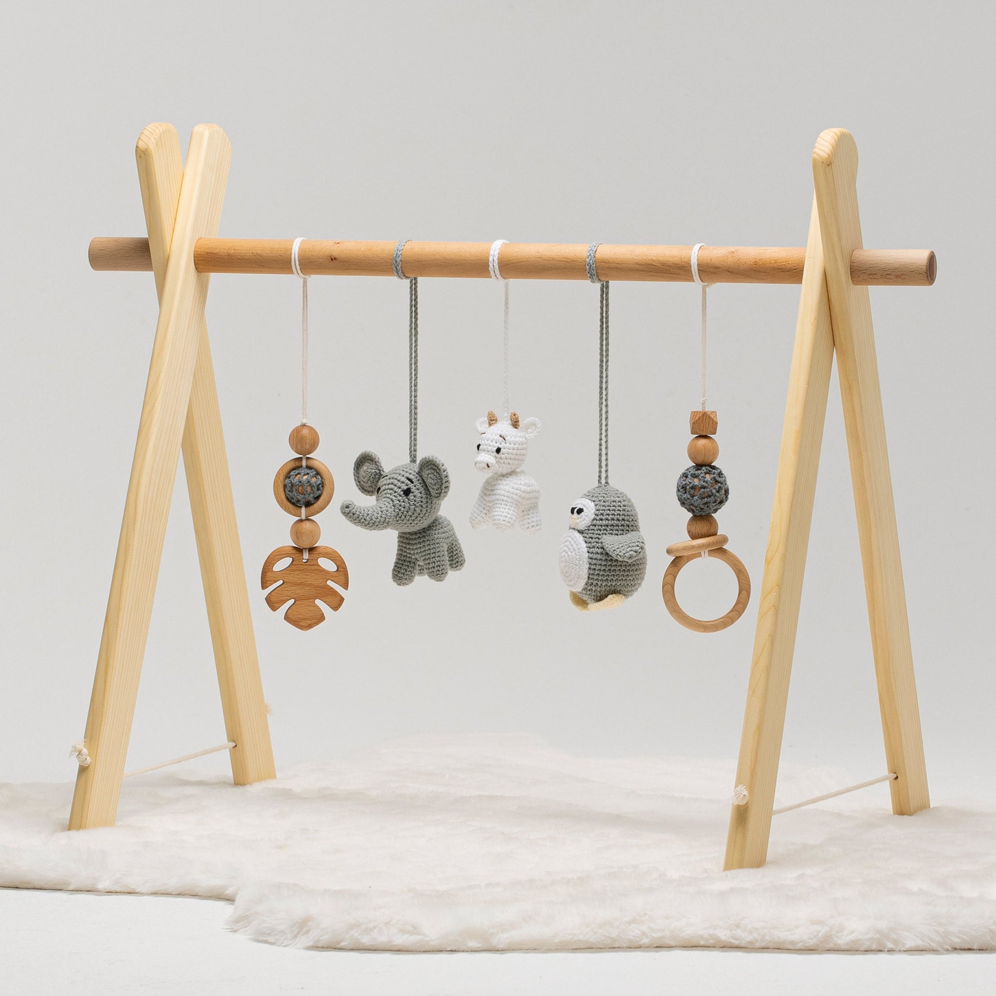 Wooden Baby Gym Set, Crochet Animal Toys, Baby Shower Gift