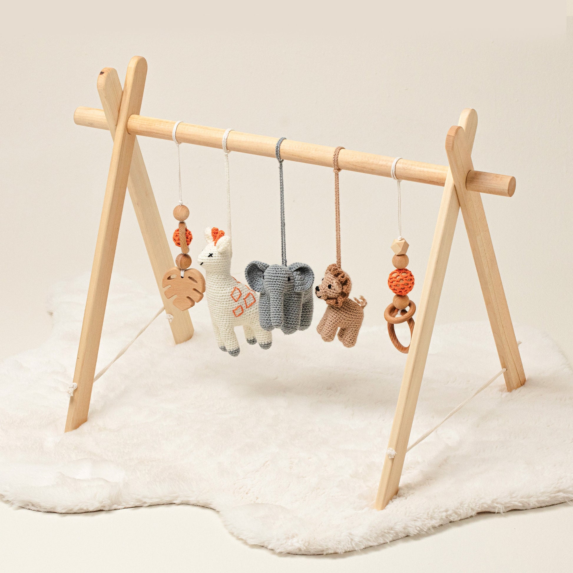 Safari Wooden Baby Gym / Handcrafted Eco Delight with Crocheted Hanging Toys