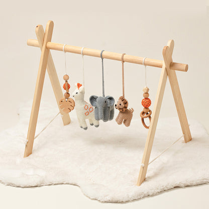Safari Wooden Baby Gym / Handcrafted Eco Delight with Crocheted Hanging Toys