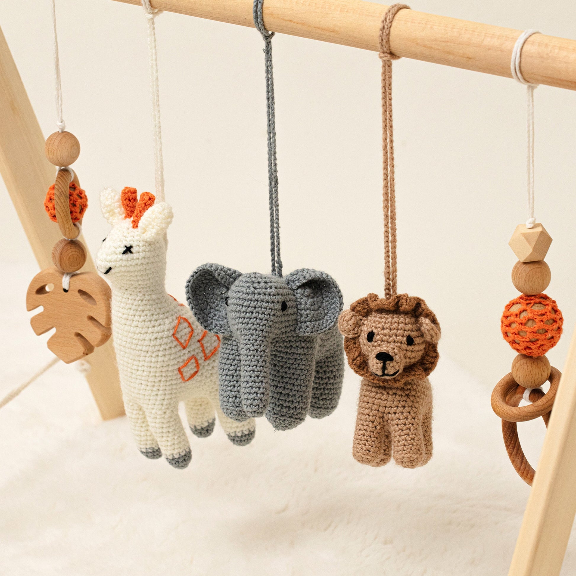 Safari Wooden Baby Gym / Handcrafted Eco Delight with Crocheted Hanging Toys