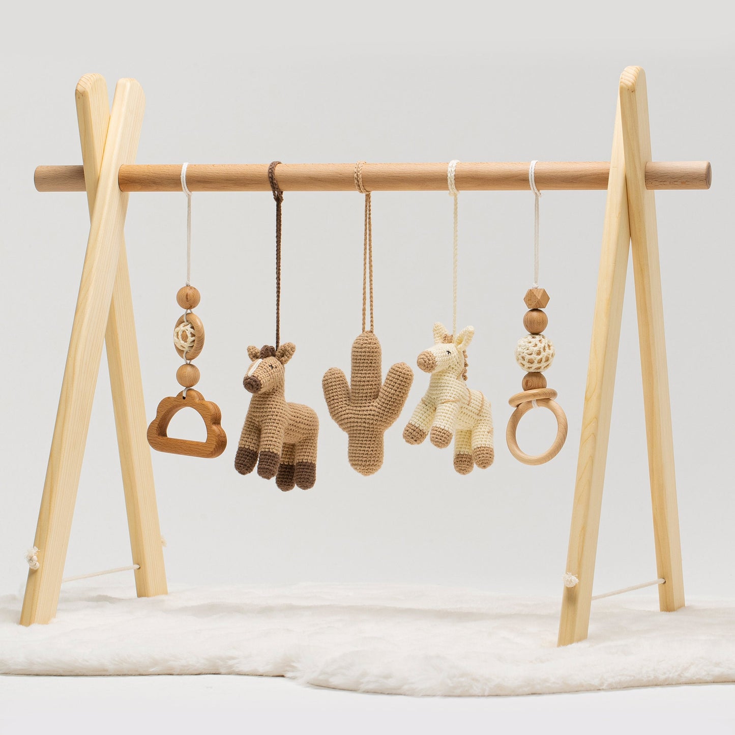 Handmade Wooden Baby Gym: Crochet Horse & Cactus Toys