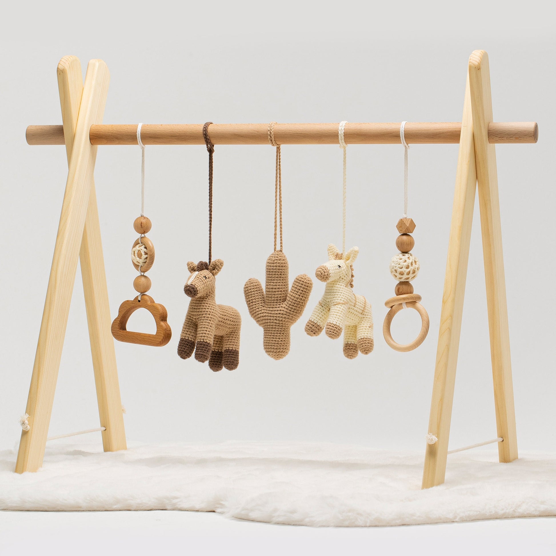 Handmade Wooden Baby Gym: Crochet Horse & Cactus Toys