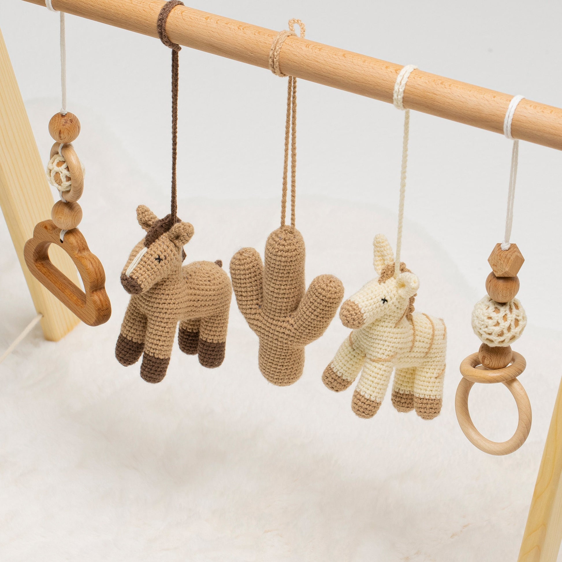 Handmade Wooden Baby Gym: Crochet Horse & Cactus Toys