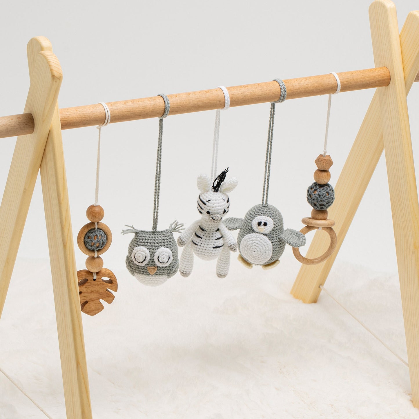 Handmade Wooden Baby Gym with Crocheted Toys - Personalized Letters
