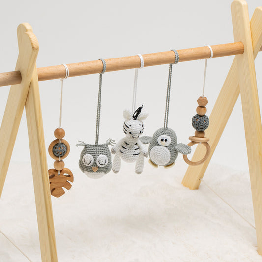 Handmade Wooden Baby Gym with Crocheted Toys - Personalized Letters