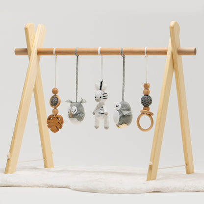 Handmade Wooden Baby Gym with Crocheted Toys - Personalized Letters