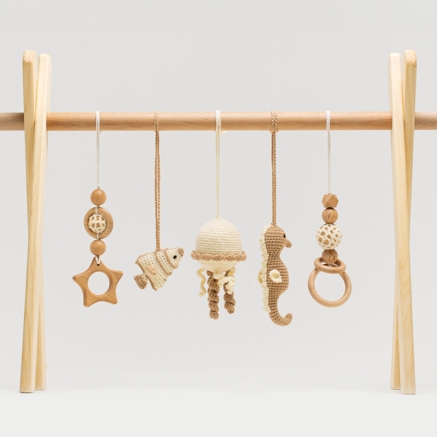 Wooden Baby Play Gym: Handmade Crocheted Sea Theme Toys