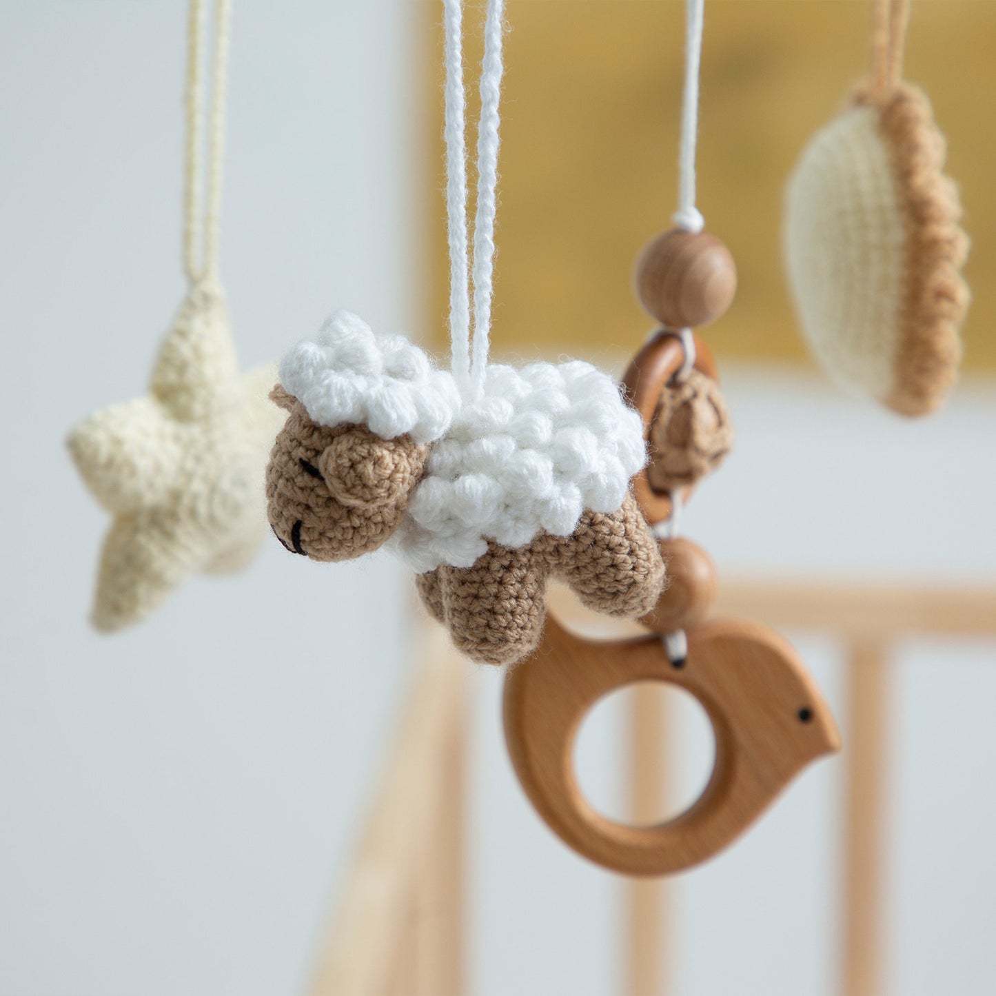 Handmade Wooden Baby Mobile: Crocheted Toys, Custom Nursery Decor