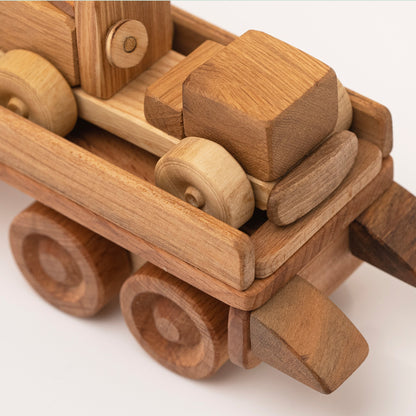 Handmade Wooden Tow Truck Toy with Car, Walnut Oil Finish