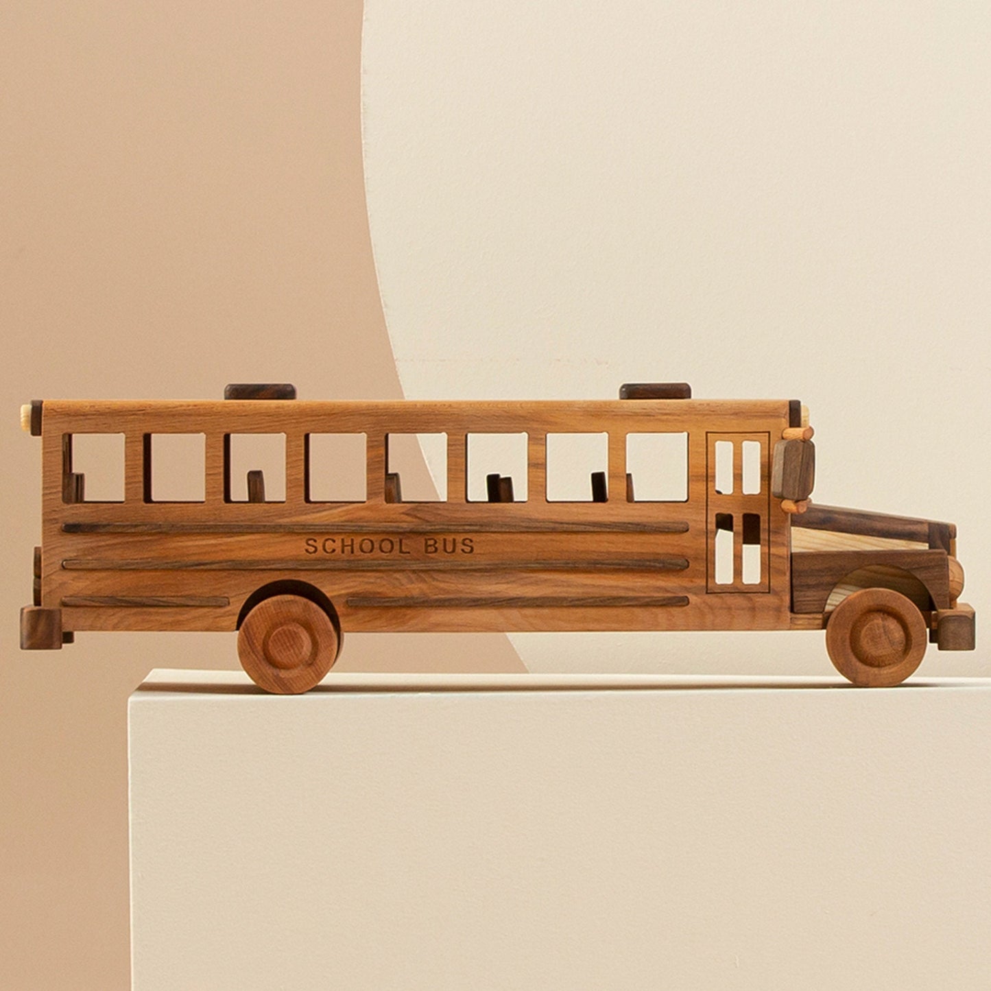 Handmade Wooden School Bus Toy: Personalized Natural Wood