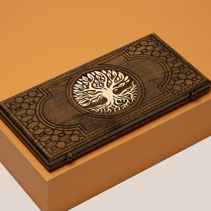 Engraved Tree of Life Backgammon Set: Personalized Wooden Board Game