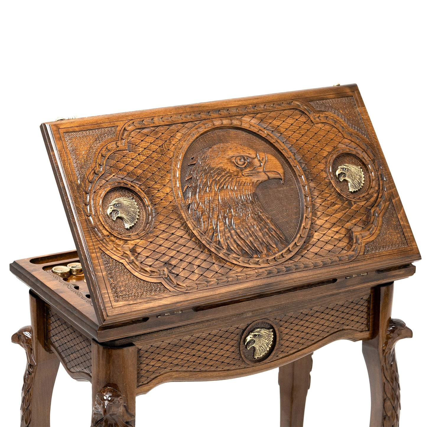 Handmade Wooden Backgammon Table: Eagle Bronze Details