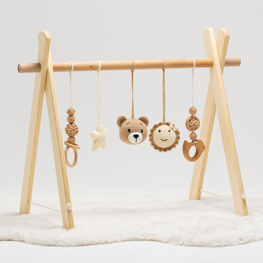 Baby Play Gym Activity Set, Handcrafted Wooden Toys with Crocheted Hanging Accessories