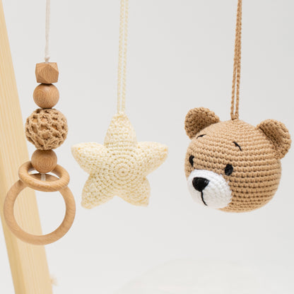 Baby Play Gym Activity Set, Handcrafted Wooden Toys with Crocheted Hanging Accessories