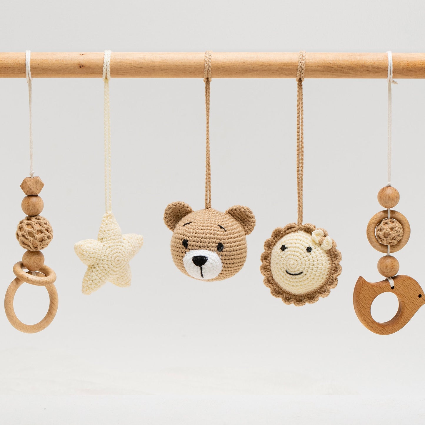 Baby Play Gym Activity Set, Handcrafted Wooden Toys with Crocheted Hanging Accessories