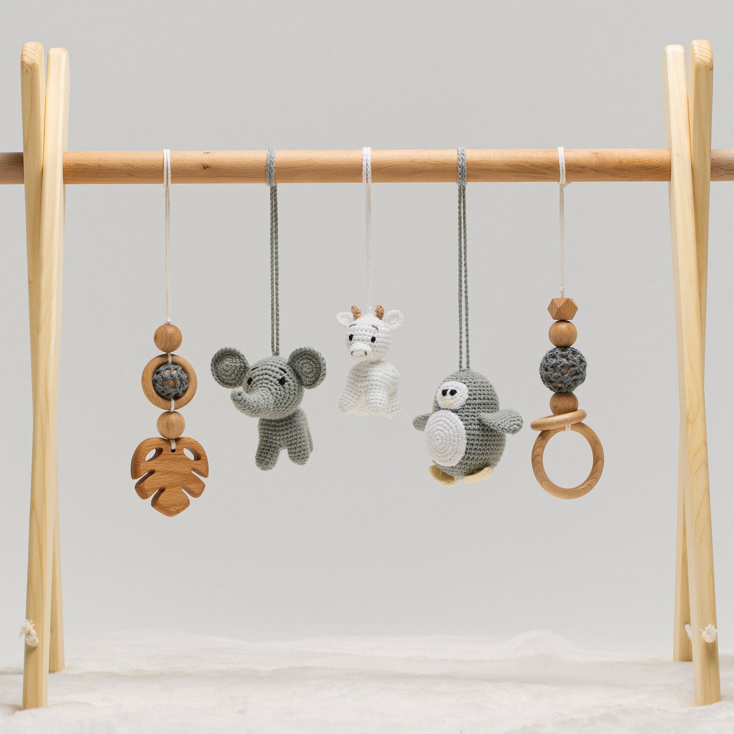 Wooden Baby Gym Set, Crochet Animal Toys, Baby Shower Gift
