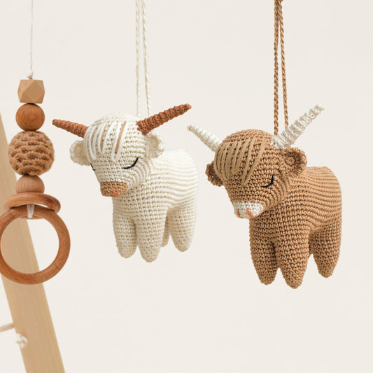 Highland Cow Baby Gym: Wooden Activity Center with Crocheted Toys