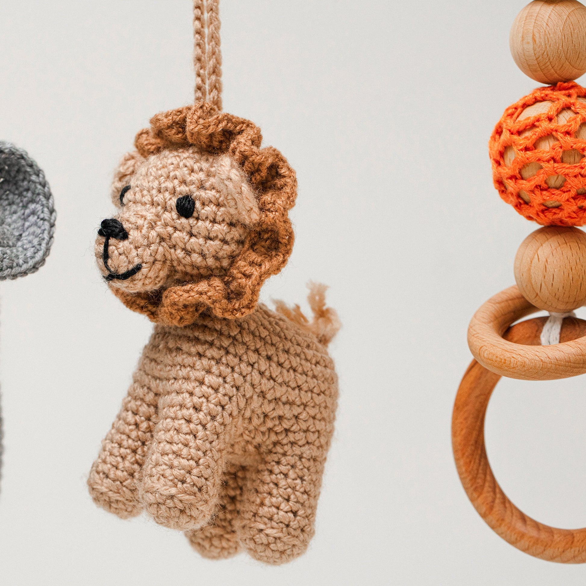Safari Wooden Baby Gym / Handcrafted Eco Delight with Crocheted Hanging Toys