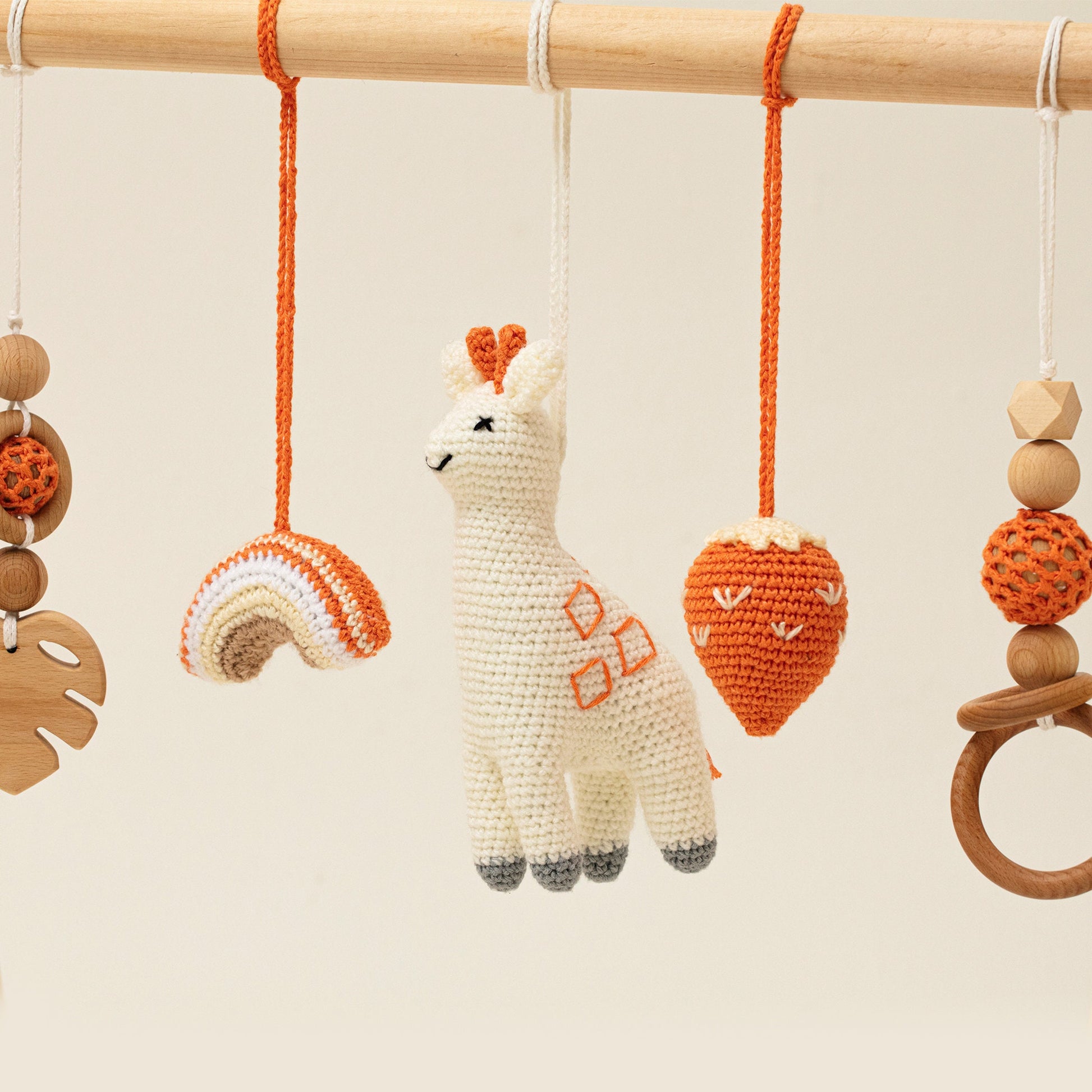 Wooden Play Gym with 5 Earthy-Toned Toys / Handmade Infant Activity Center