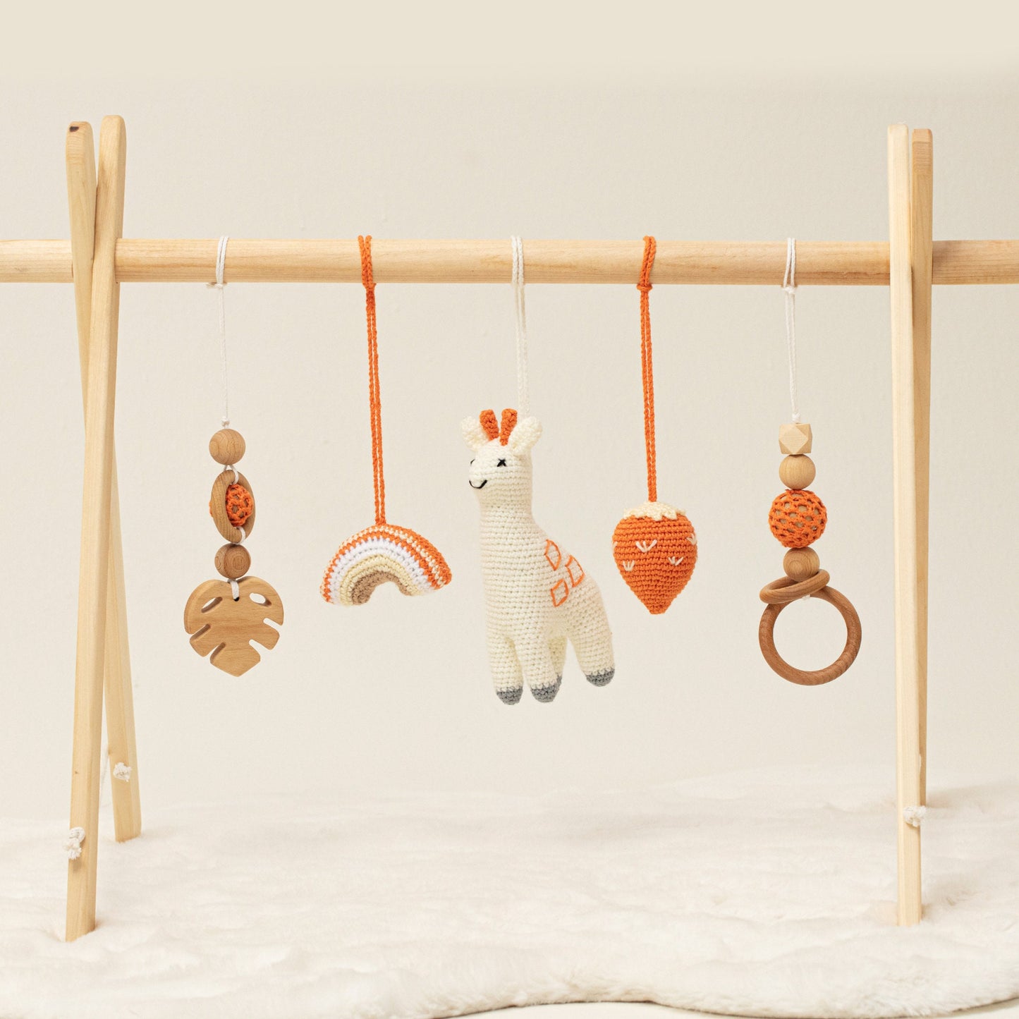 Wooden Play Gym with 5 Earthy-Toned Toys / Handmade Infant Activity Center