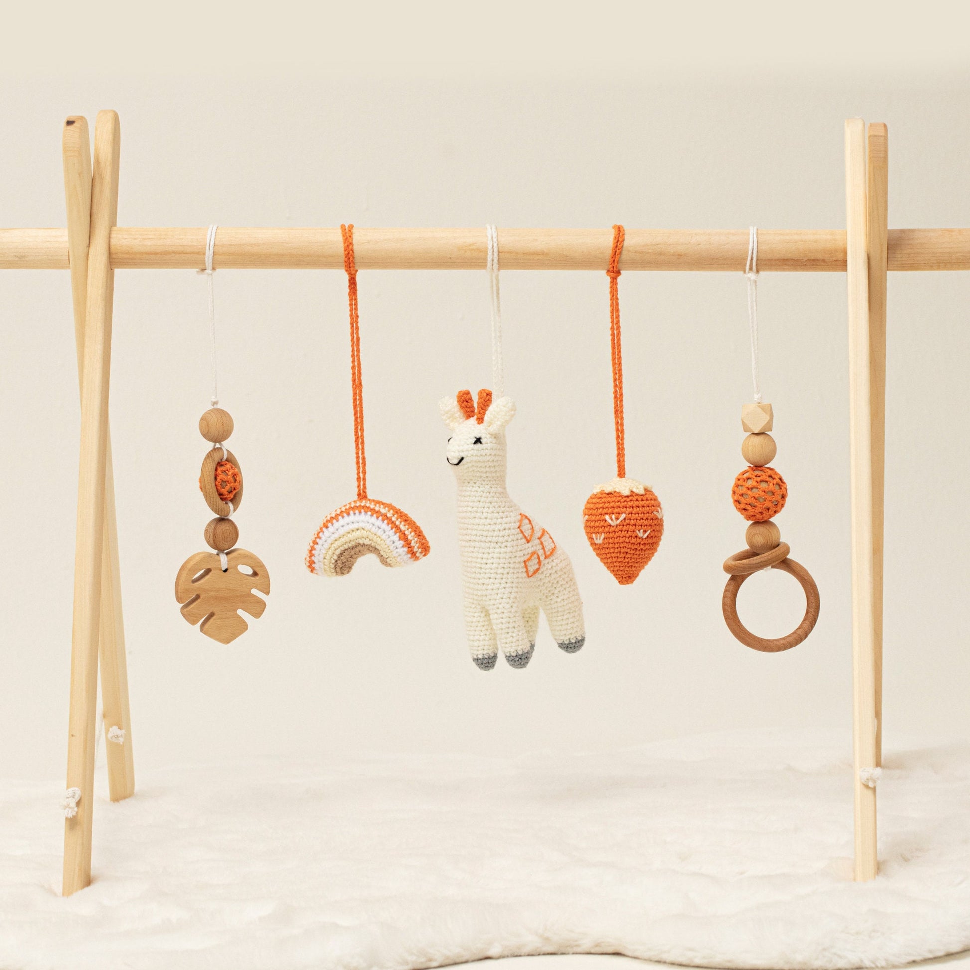 Wooden Play Gym with 5 Earthy-Toned Toys / Handmade Infant Activity Center