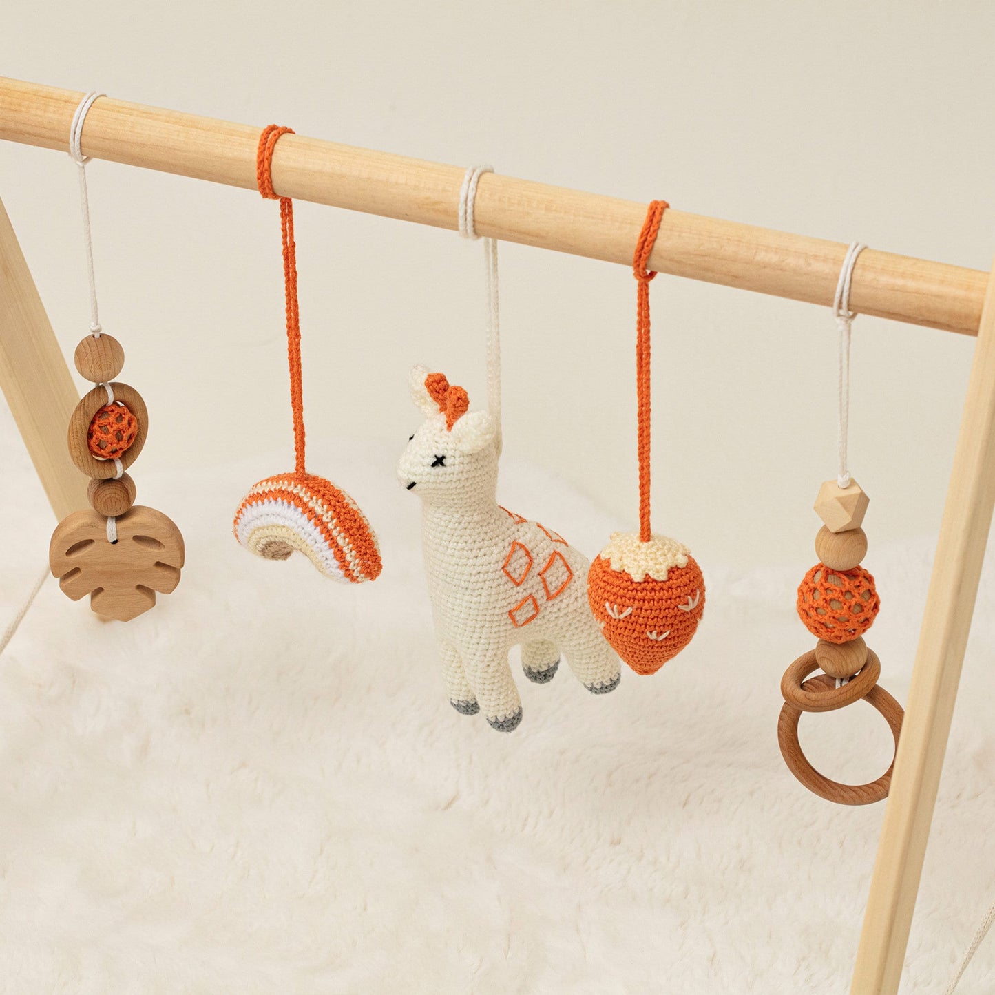 Wooden Play Gym with 5 Earthy-Toned Toys / Handmade Infant Activity Center