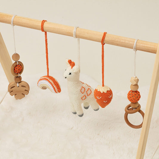 Wooden Play Gym with 5 Earthy-Toned Toys / Handmade Infant Activity Center