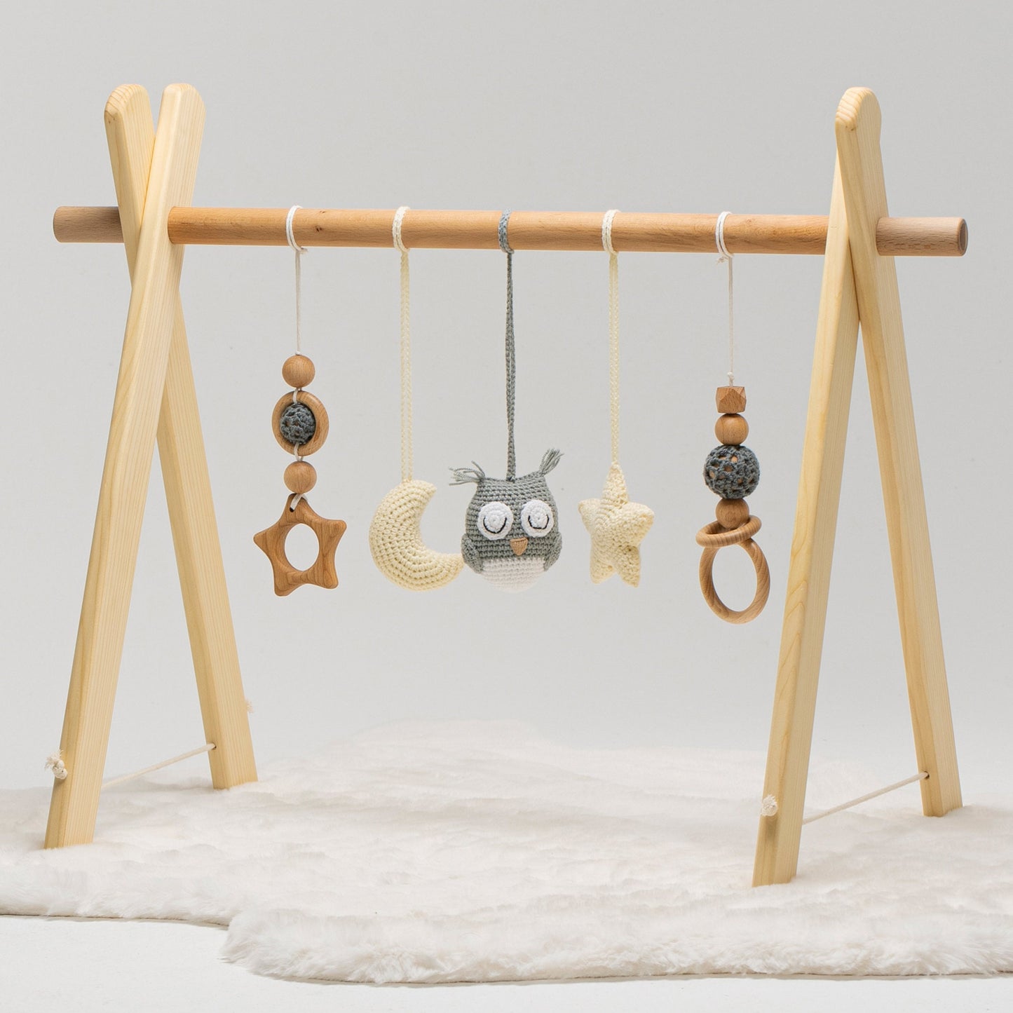 Owl Crocheted Baby Gym: Handmade Wooden Play Gym with Personalized Letters
