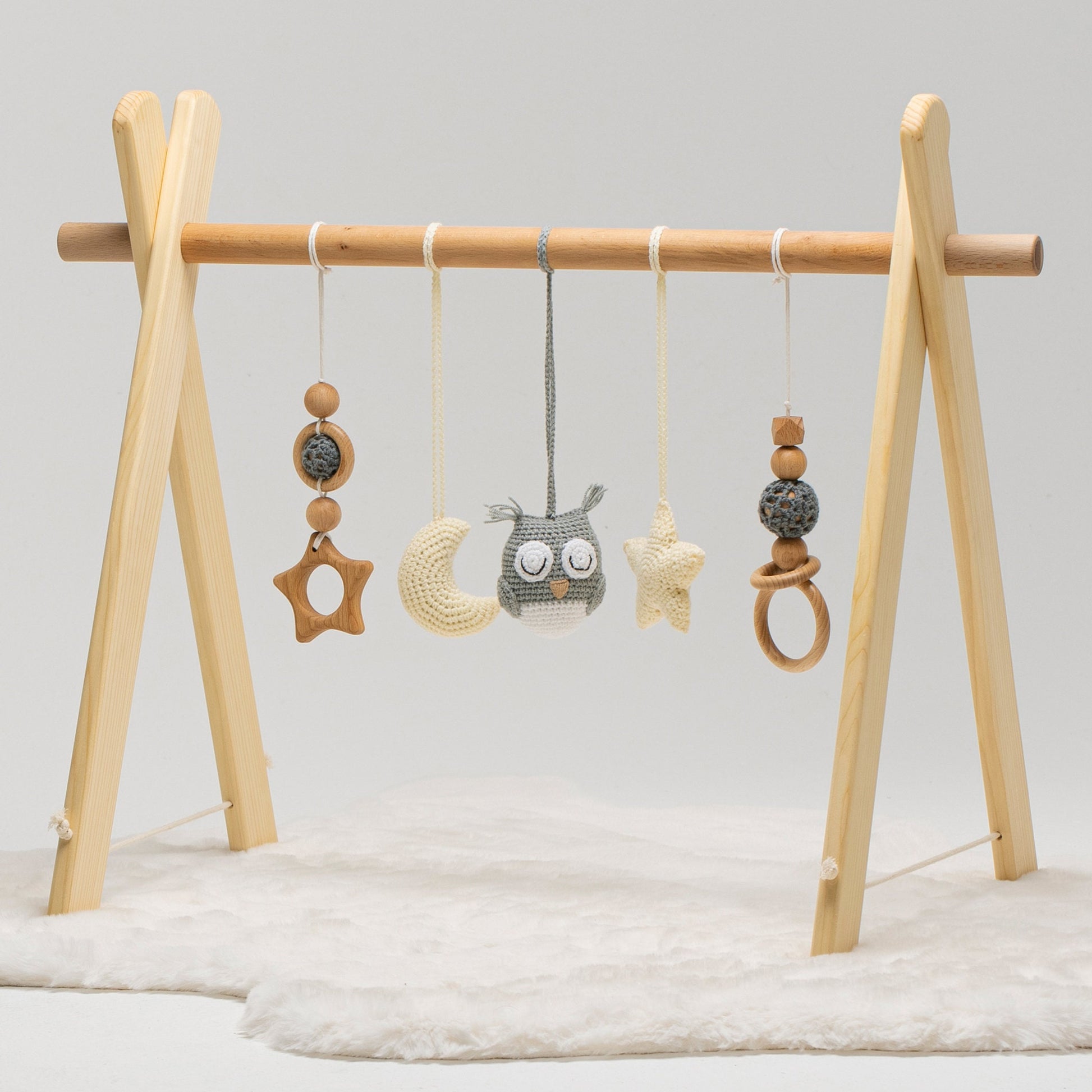 Owl Crocheted Baby Gym: Handmade Wooden Play Gym with Personalized Letters