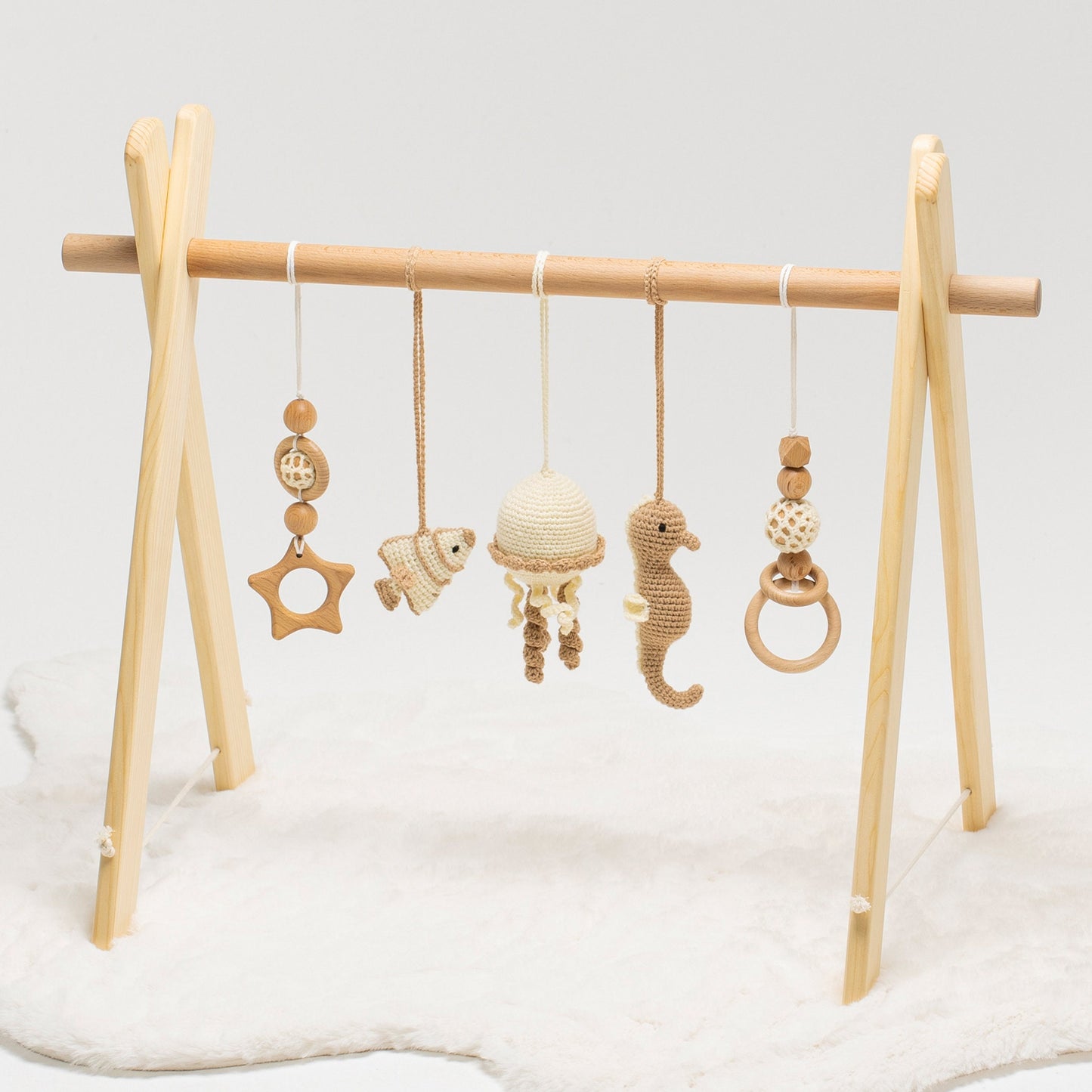 Wooden Baby Play Gym: Handmade Crocheted Sea Theme Toys