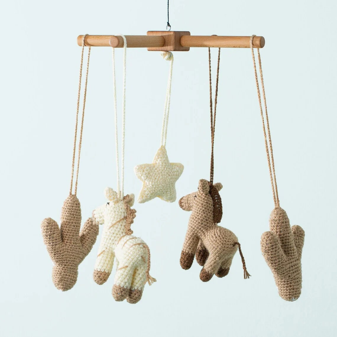 Wooden Baby Mobile: Handmade Crocheted Horse & Cactus Toys