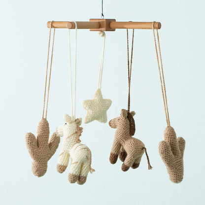 Wooden Baby Mobile: Handmade Crocheted Horse & Cactus Toys