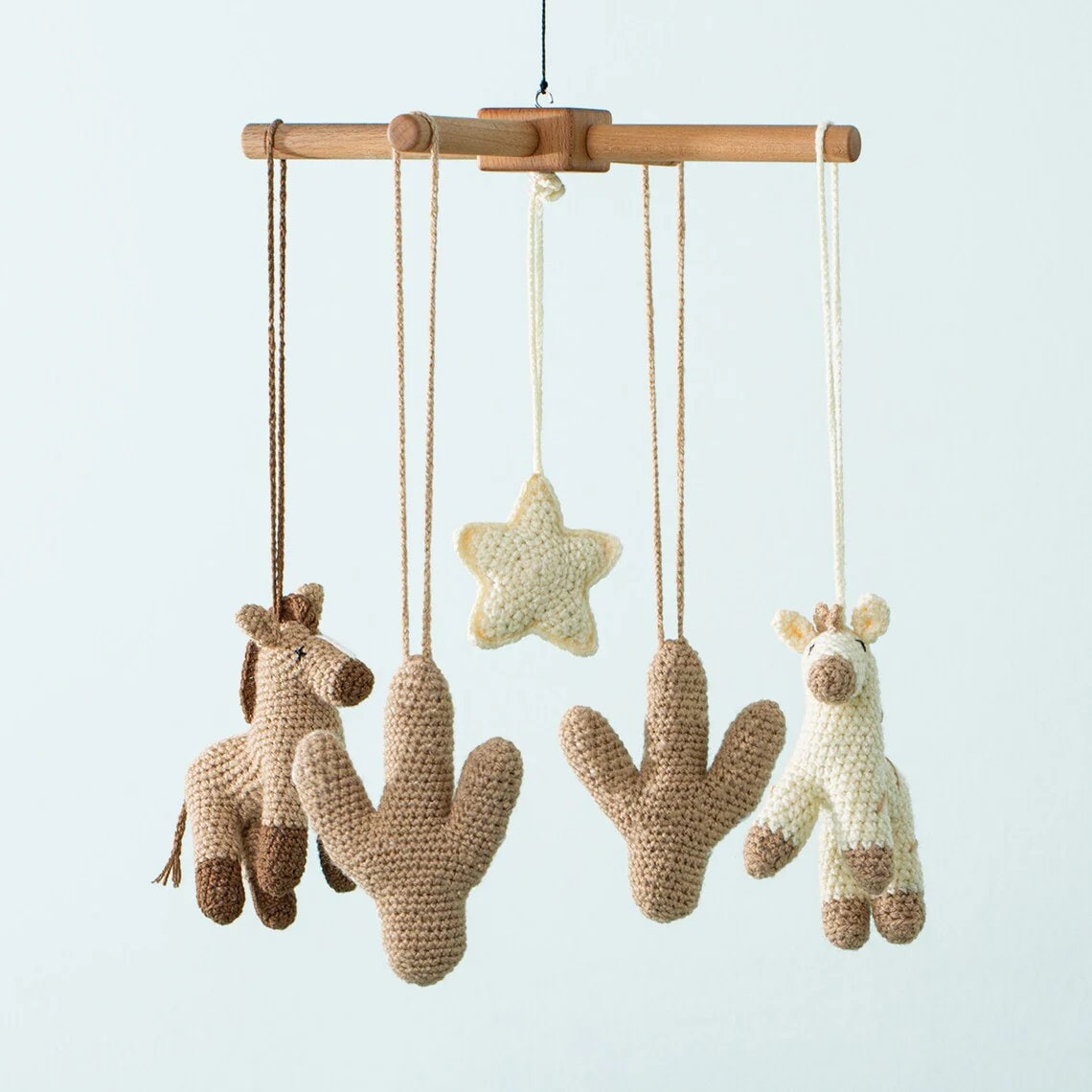Wooden Baby Mobile: Handmade Crocheted Horse & Cactus Toys