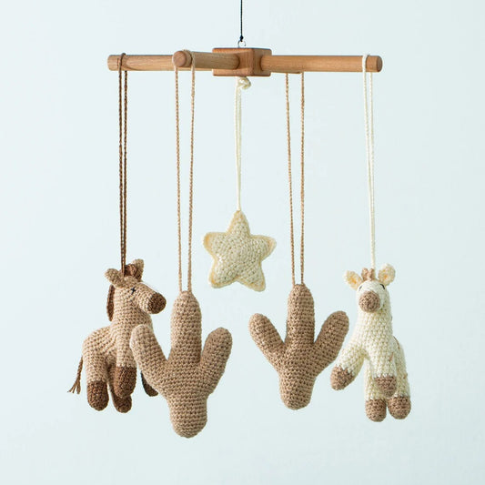 Wooden Baby Mobile: Handmade Crocheted Horse & Cactus Toys