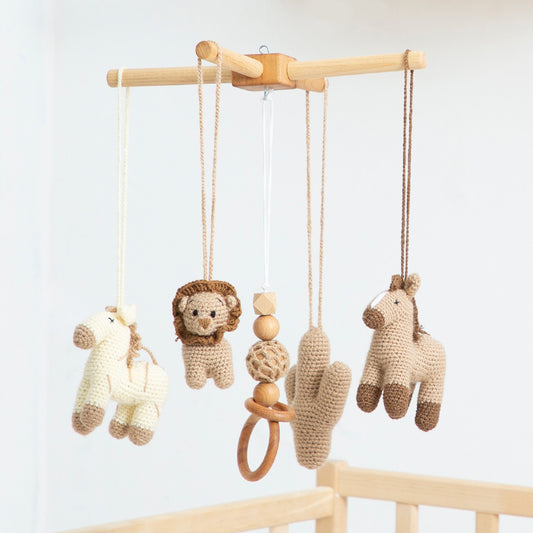 Handmade Wooden Baby Mobile: Crocheted Animal Toys, Neutral Nursery Decor
