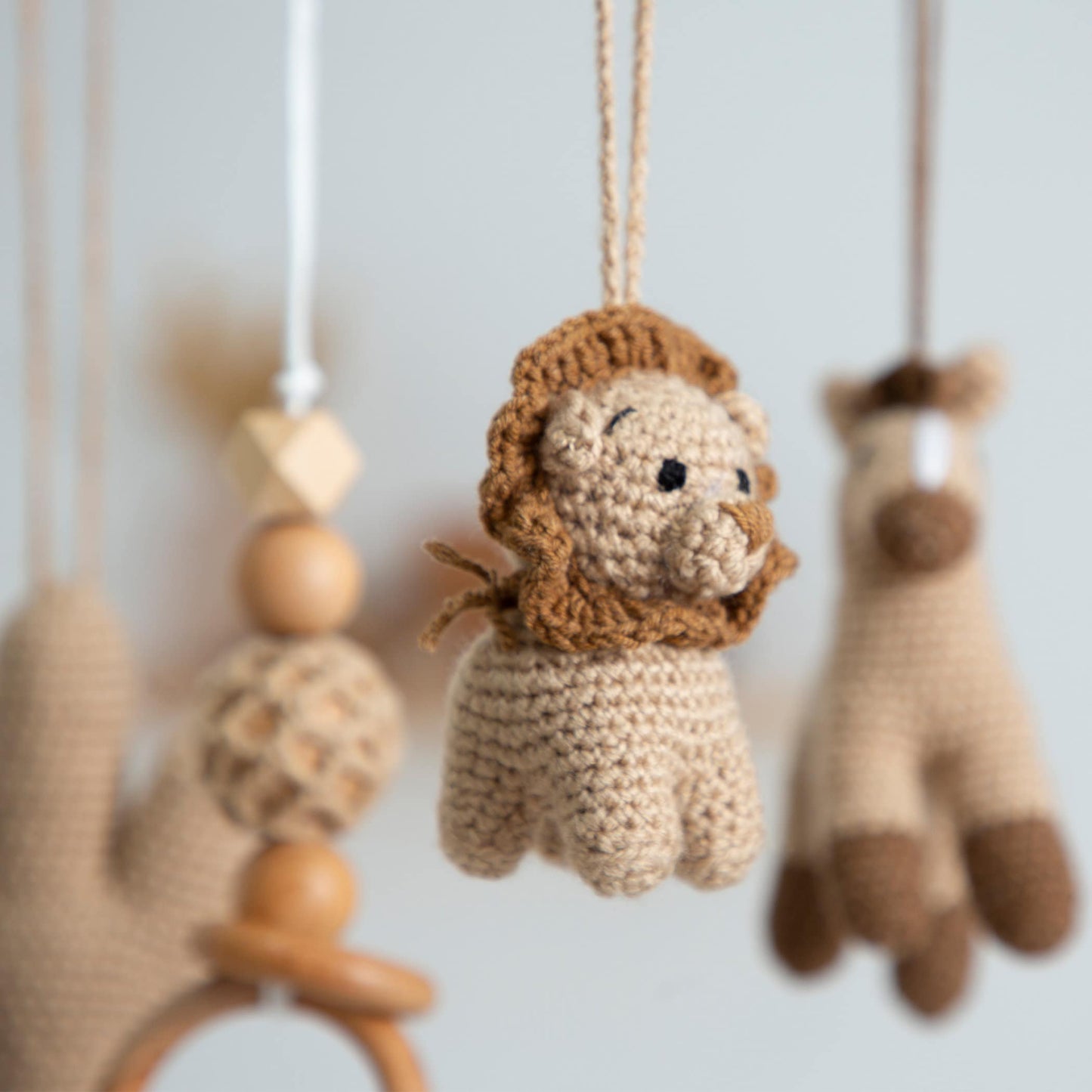 Handmade Wooden Baby Mobile: Crocheted Animal Toys, Neutral Nursery Decor