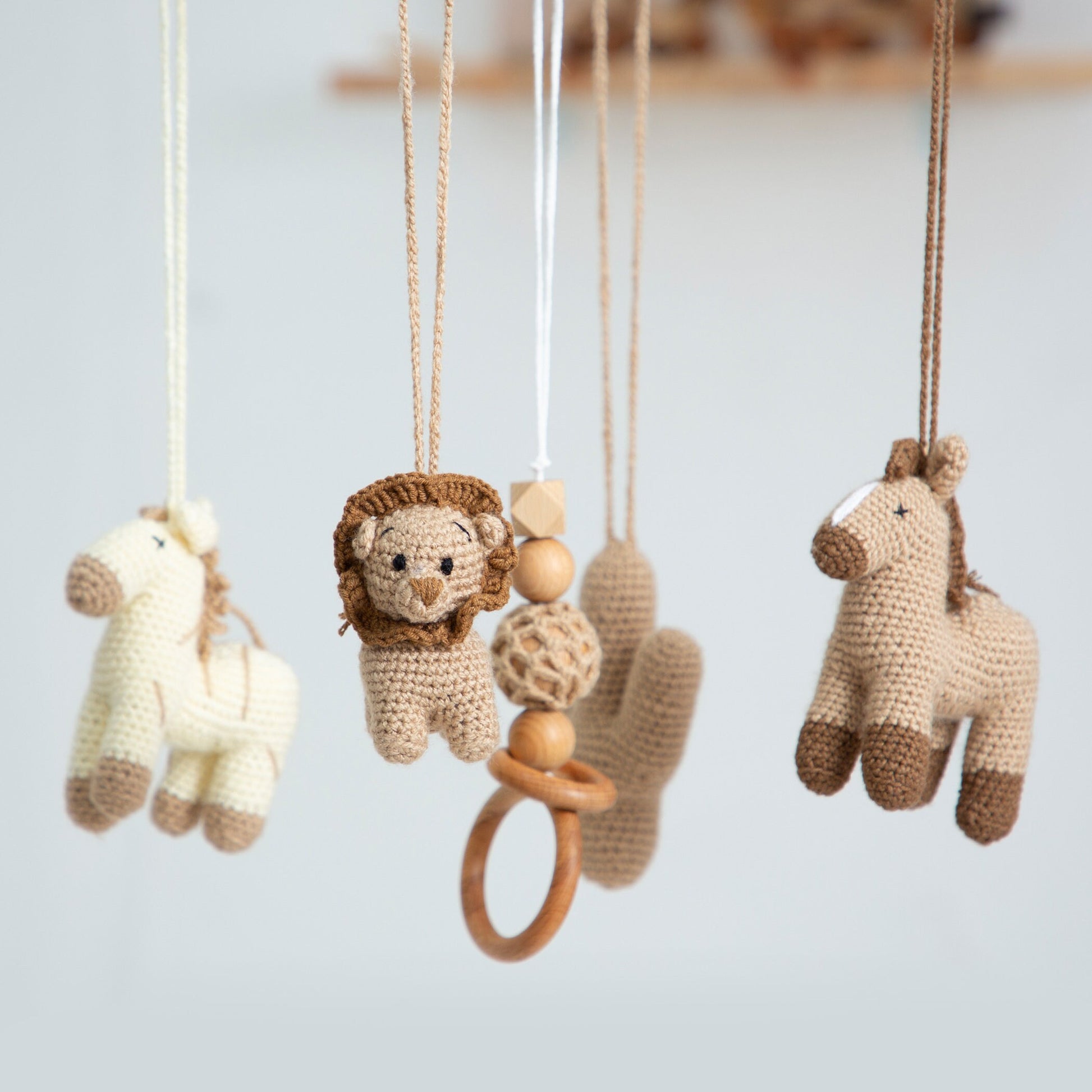 Handmade Wooden Baby Mobile: Crocheted Animal Toys, Neutral Nursery Decor