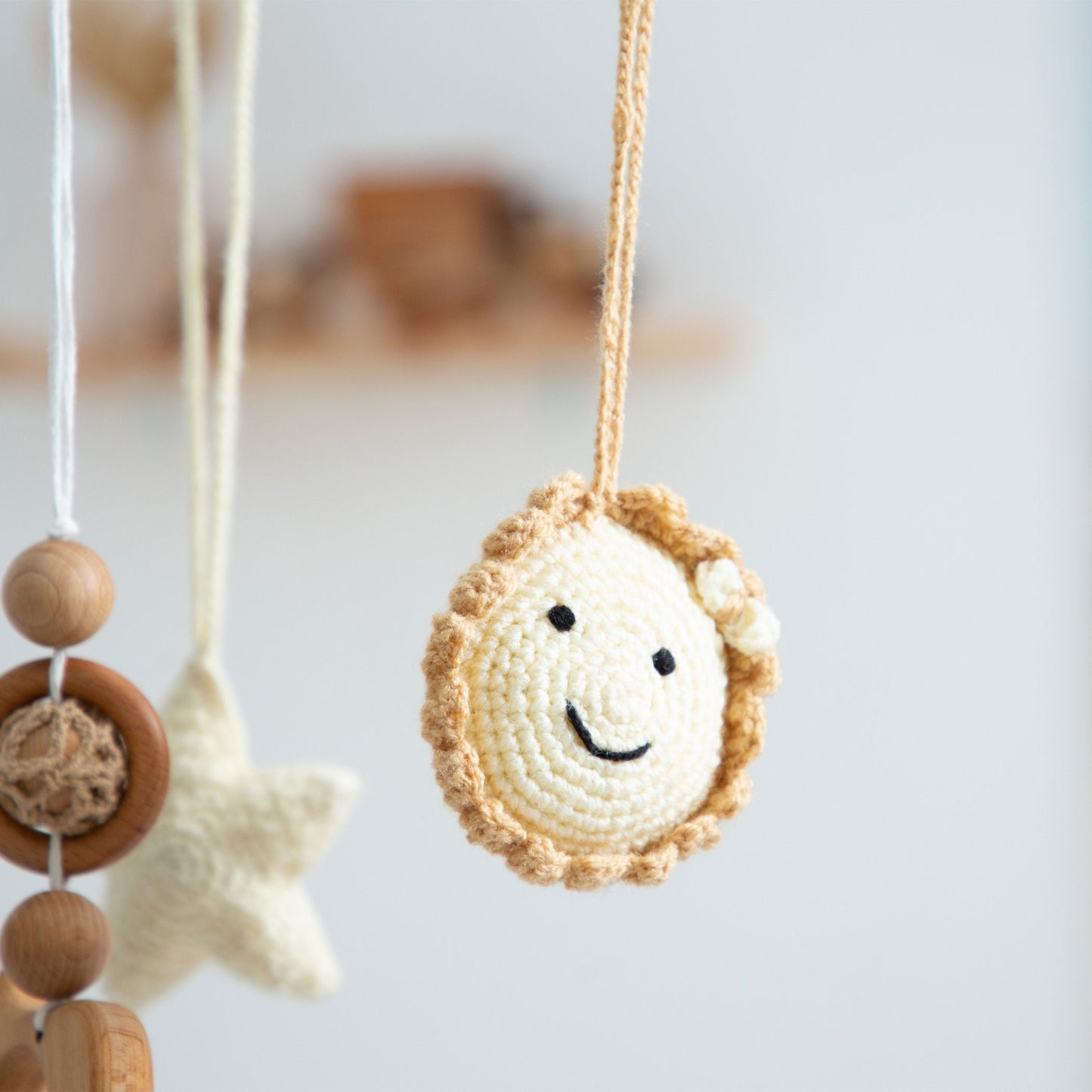 Handmade Wooden Baby Mobile: Crocheted Toys, Custom Nursery Decor