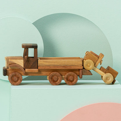 Handmade Wooden Tow Truck Toy with Car, Walnut Oil Finish