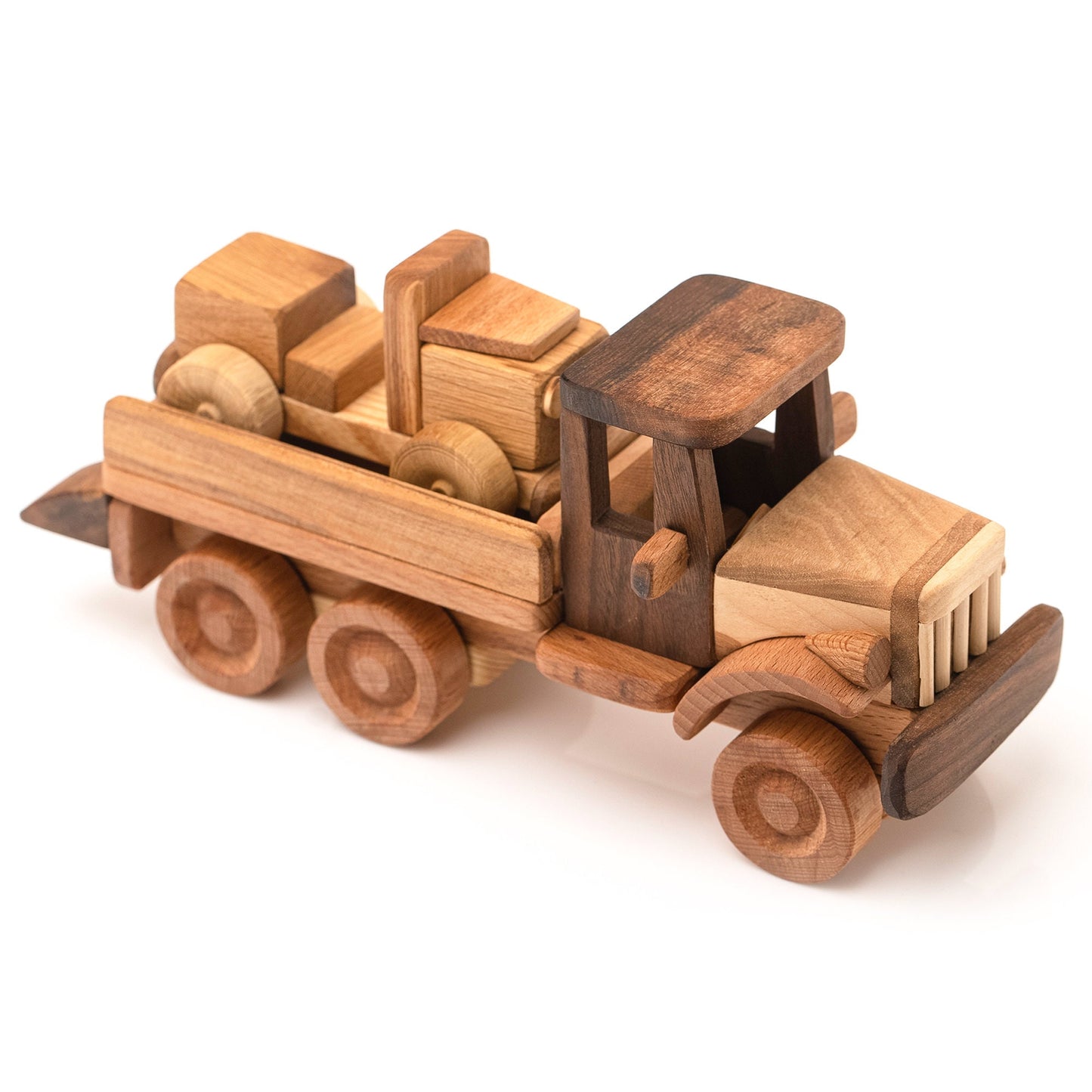 Handmade Wooden Tow Truck Toy with Car, Walnut Oil Finish