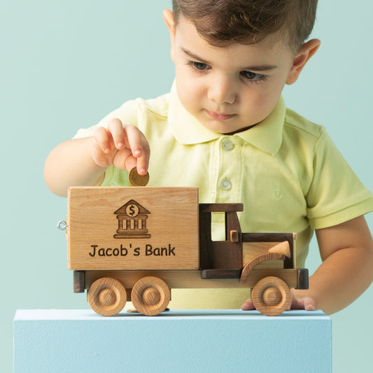 Handmade Wooden Truck Piggy Bank: Personalized Toy Gift