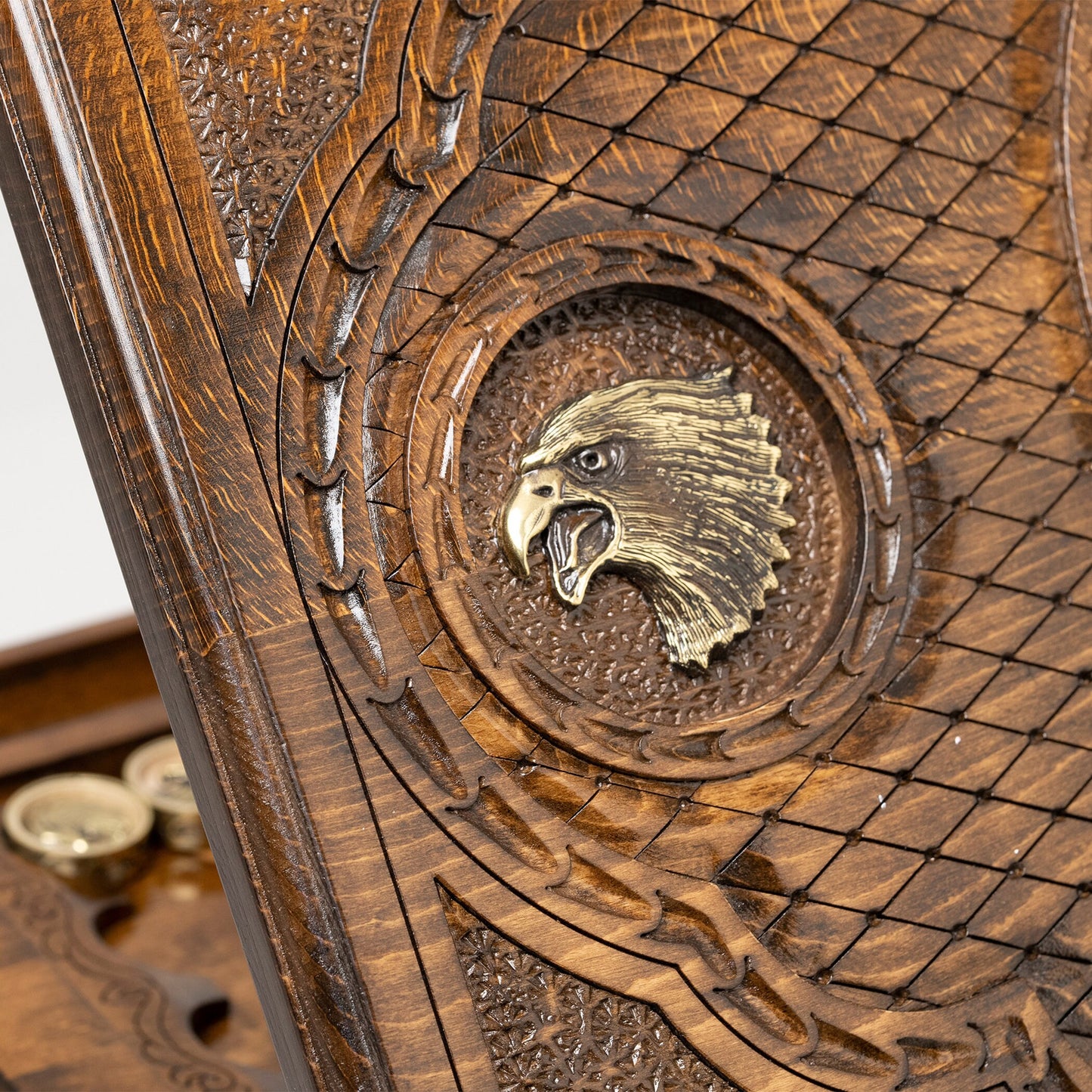 Handmade Wooden Backgammon Table: Eagle Bronze Details