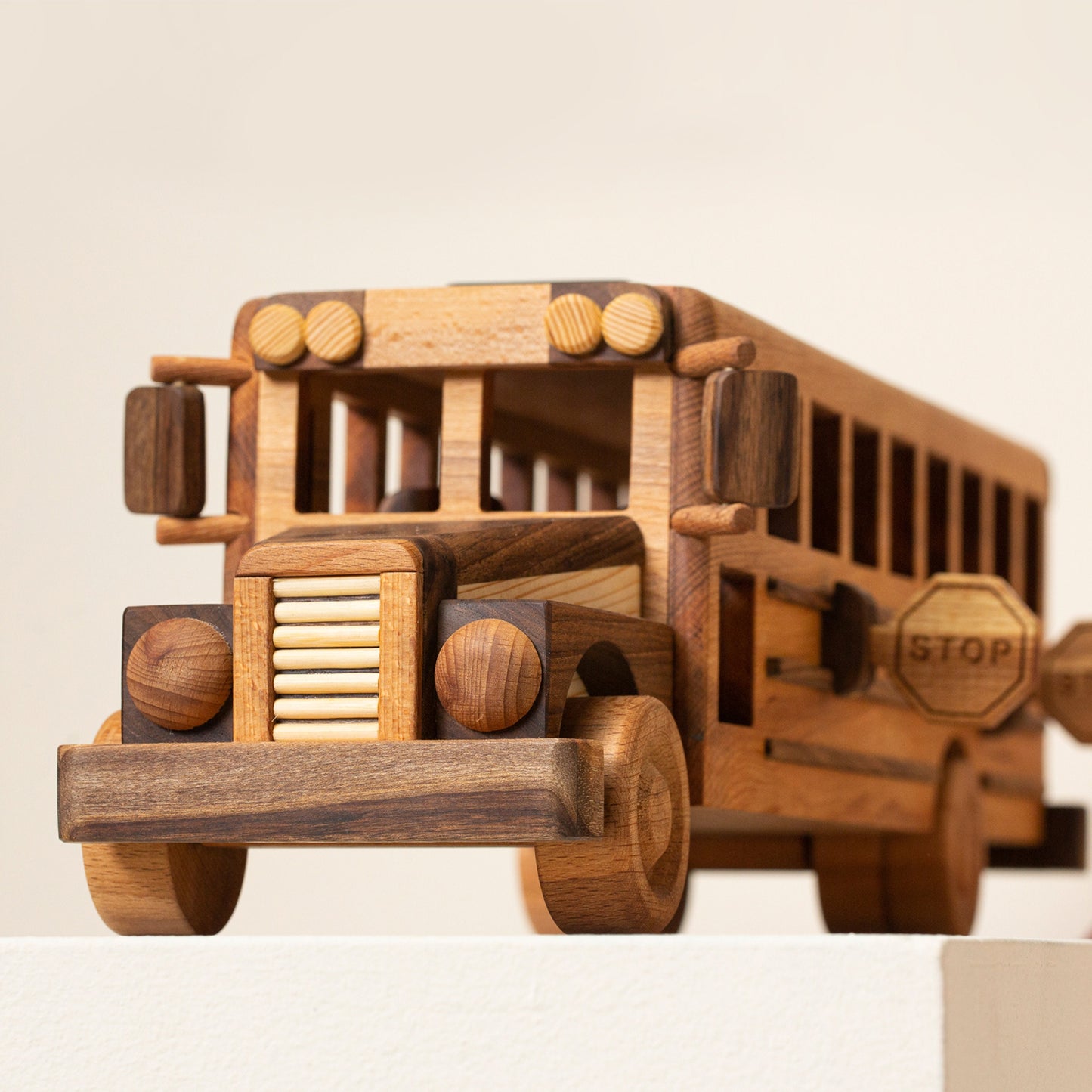 Handmade Wooden School Bus Toy: Personalized Natural Wood