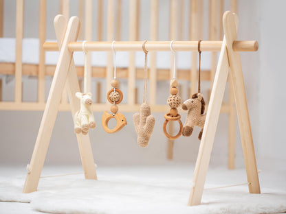 Handcrafted Wooden Kids Play Set with Crochet Hanging Features
