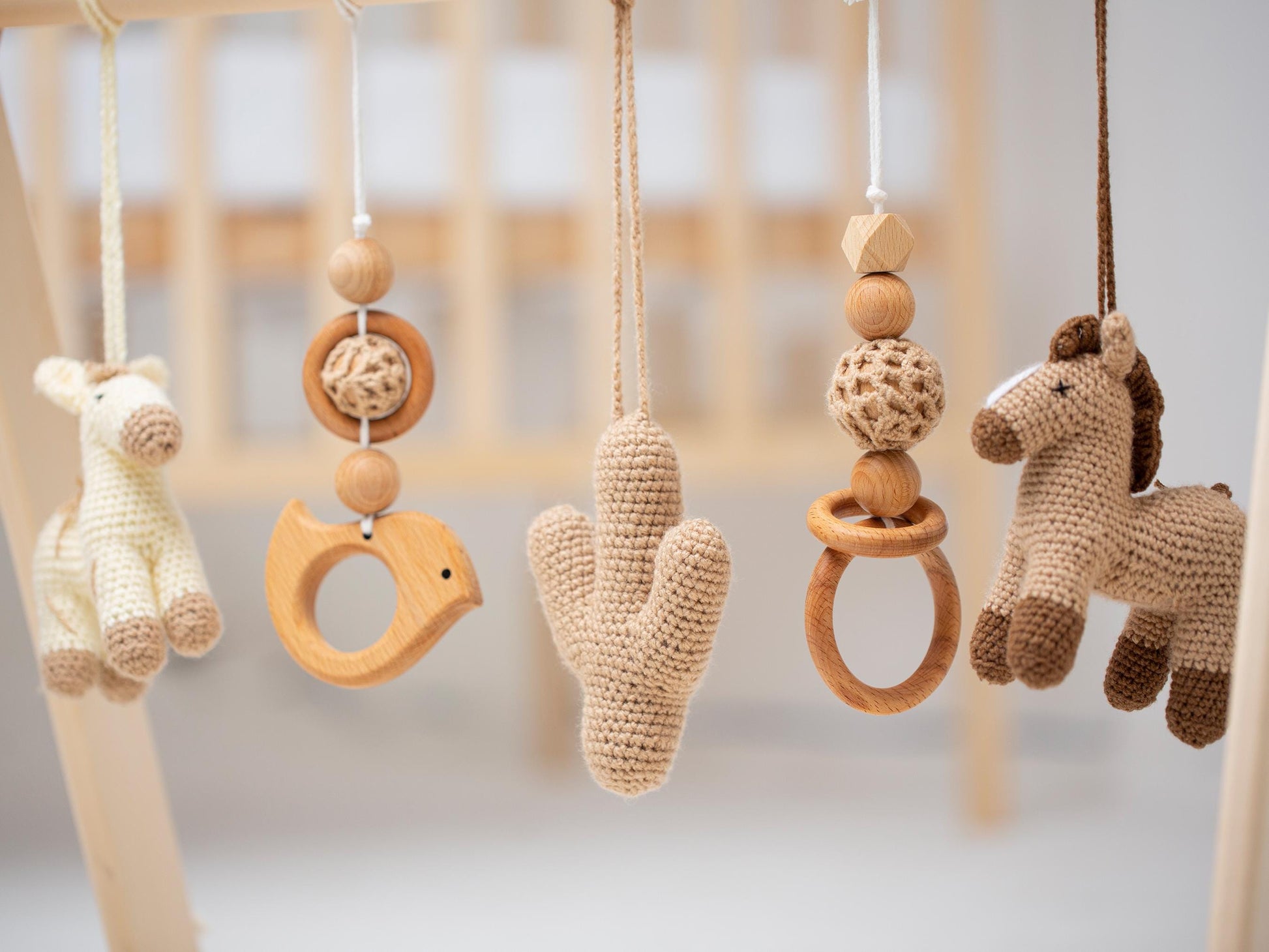 Handcrafted Wooden Kids Play Set with Crochet Hanging Features