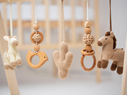 Handcrafted Wooden Kids Play Set with Crochet Hanging Features