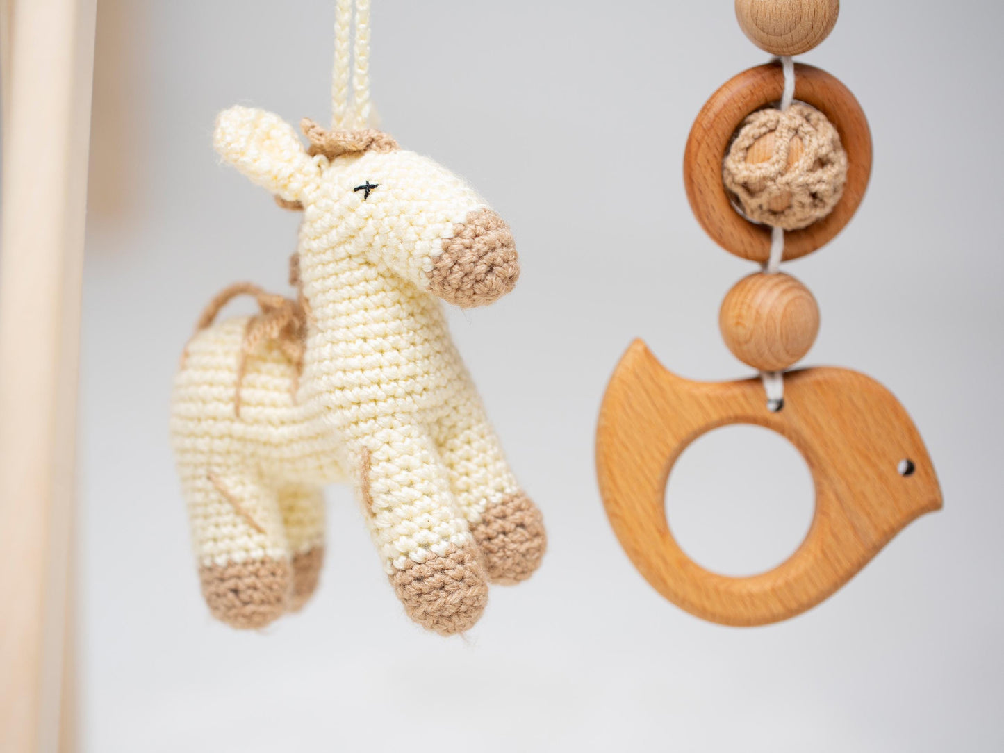Handcrafted Wooden Kids Play Set with Crochet Hanging Features