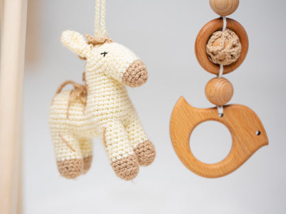Handcrafted Wooden Kids Play Set with Crochet Hanging Features