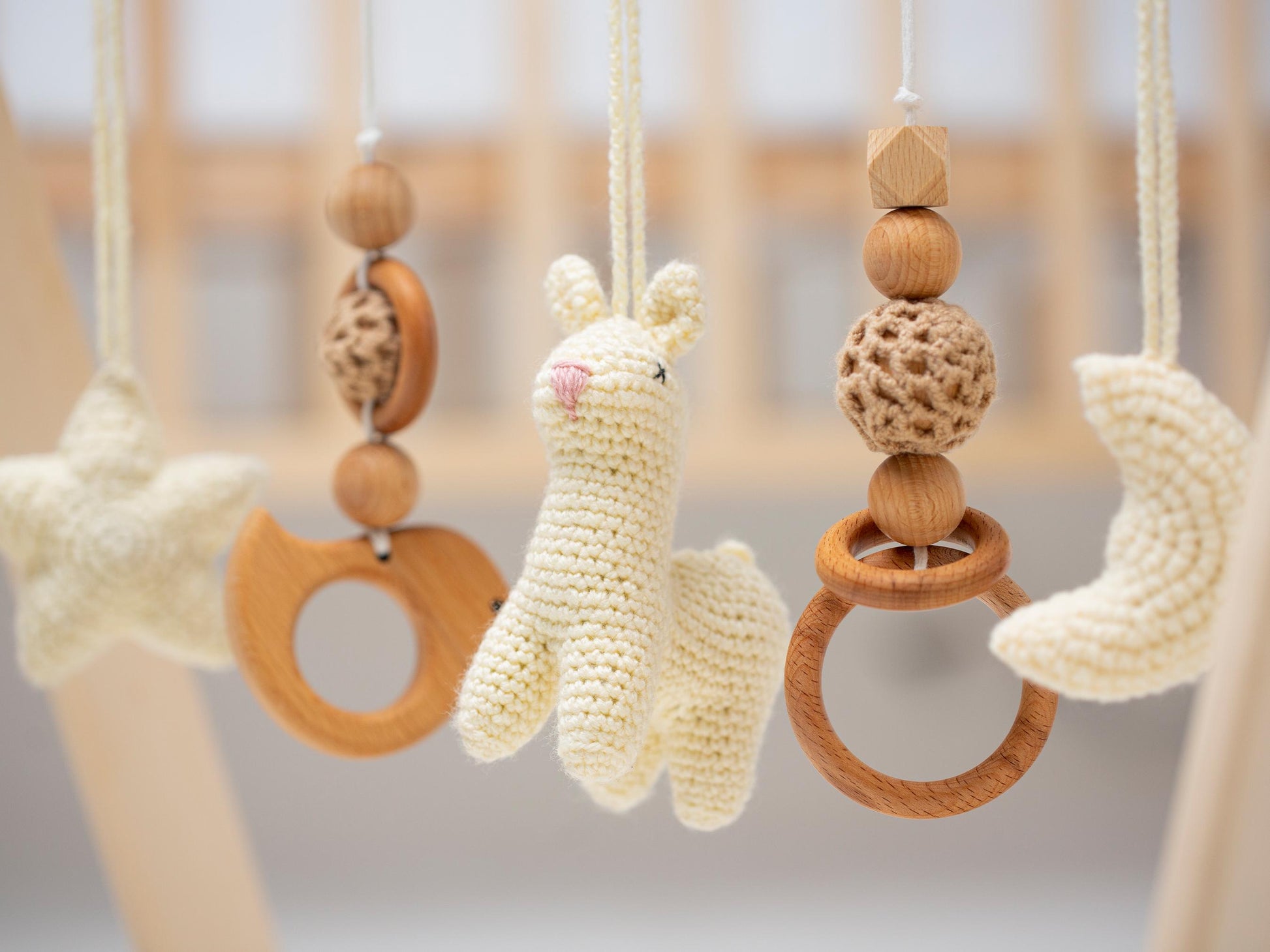 Personalized Wood Baby Gym: Llama, Star & Moon Crochet Toys