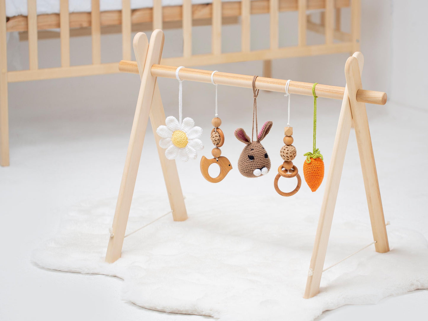 Handmade Wooden Baby Gym – Natural Montessori Play Gym with Rabbit, Carrot & Chamomile Flower Toys